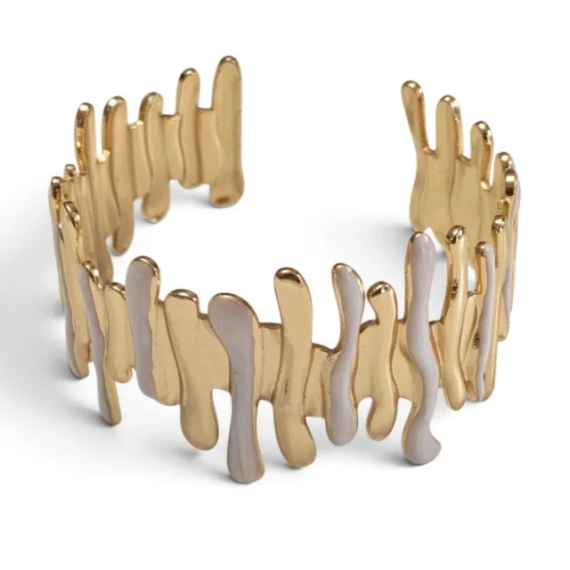 Abstract Melted Drip Statement Cuff Bangle - Gold-Tone Stainless Steel with white Enamel