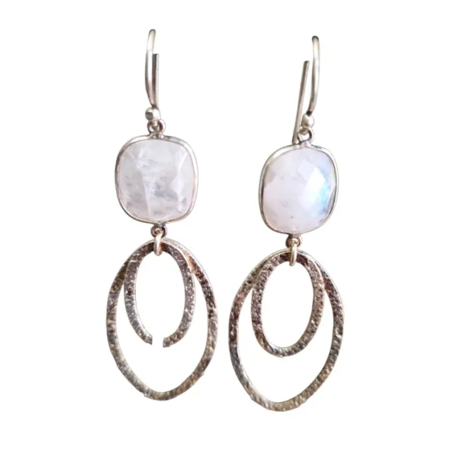 Moonstone faceted cushion-like cut dangle earrings, set in 925 silver