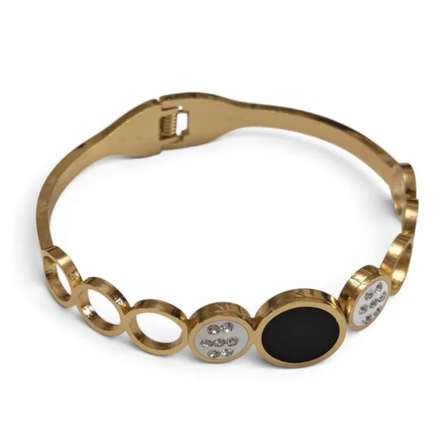 Open-Circle Statement Bangle with Crystal & Onyx-Black Inlay - Gold-Tone Stainless Steel