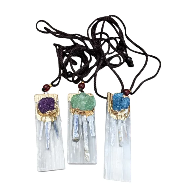 Selenite necklace with kyanite and accent stone, adjustable cord