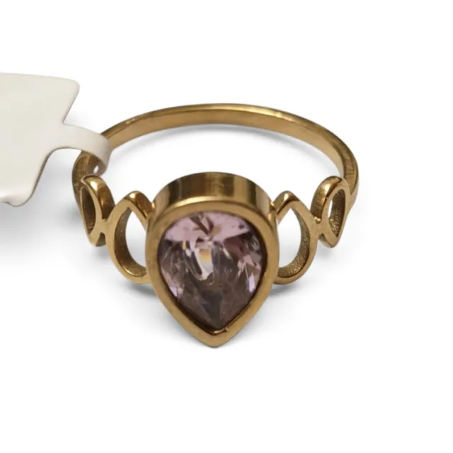 Stainless steel ring, size 6-13, Pink CZ Teardrop Ring, Gold