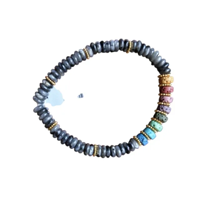 Black labradorite with Rainbow lava stone Heishi bead bracelet, stretchcord