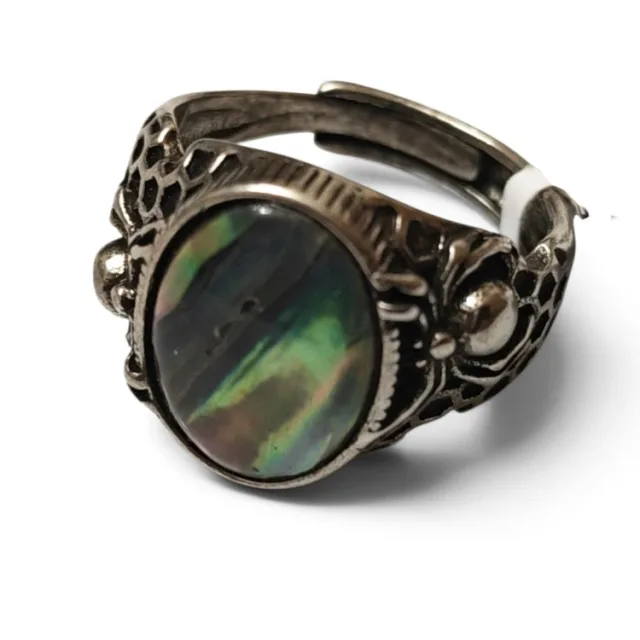 Oval abalone cabochon spider inspired dress ring, adjustable