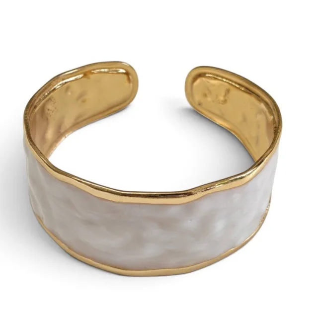 Organic Ripple Marbled White Enamel Cuff Bangle - Gold Stainless Steel