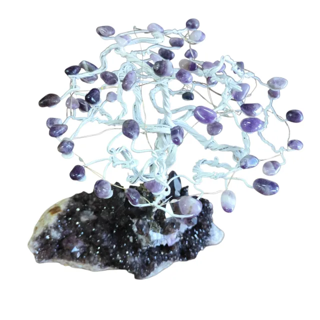 Amethyst tumble tree with lights on smoky quartz base, 33cm high