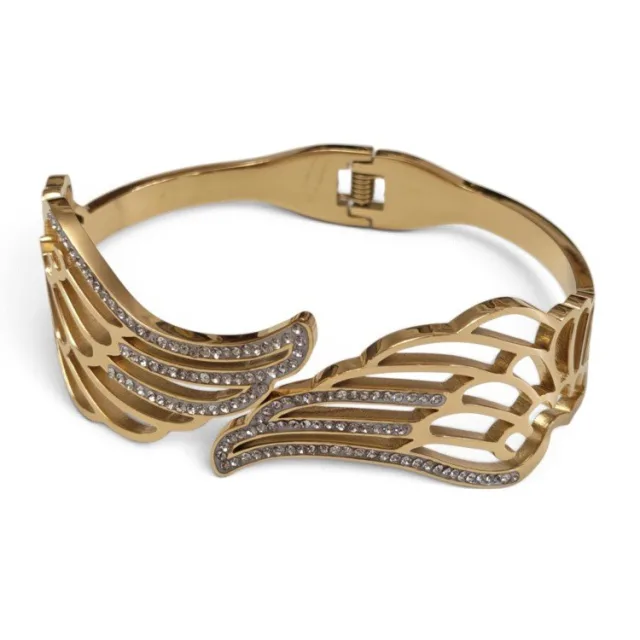 Angel Wing pave Crystal Hinged Bangle - Gold Stainless Steel