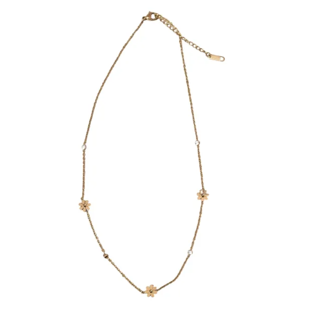Gold Stainless Steel Daisy Flower & Crystal Station Necklace (40 cm + 6 cm)