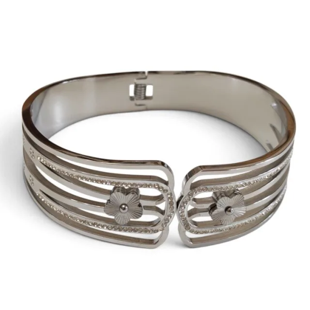 Multi-Bar Slit Floral Hinged Bangle with pave Crystals - Stainless Steel 
