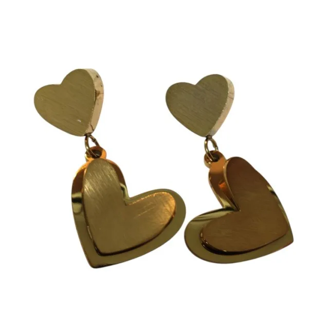Layered Heart Drop Earrings – Brushed & Polished Gold Stainless Steel (28mm)