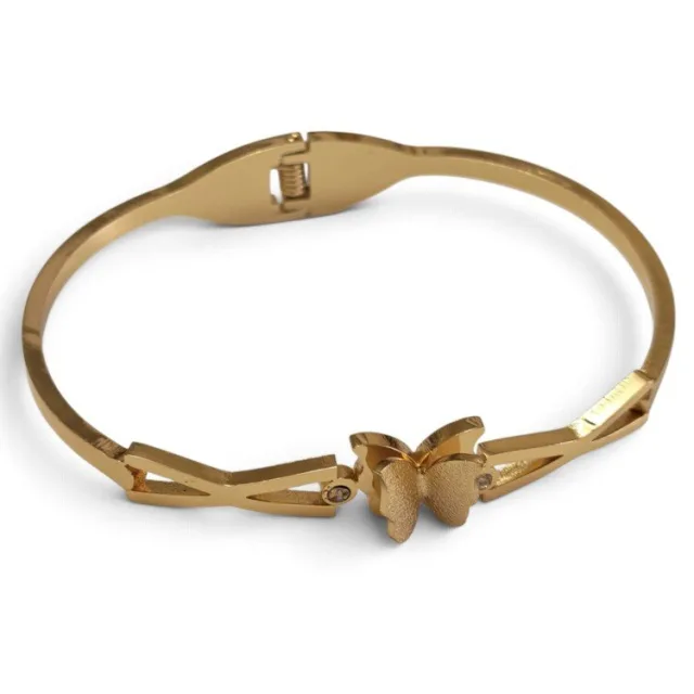 3D Layered Butterfly Hinged Bangle with Crystal Accents - Gold Stainless Steel