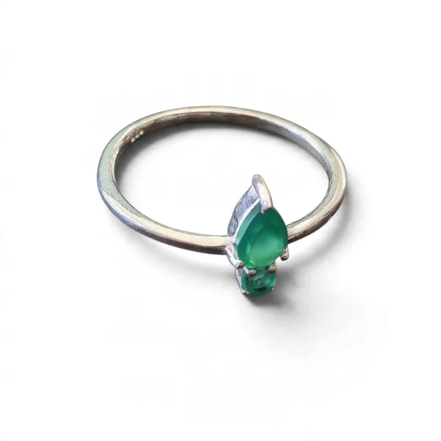 Green chalcedony Pear cut with round cut ring in 925 silver, size 7
