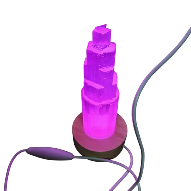 Selenite Crystal Tower Lamp with Wooden Base, 18.5cm