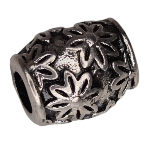 Barrel bead in stainless steel, flower design, 12x10mm