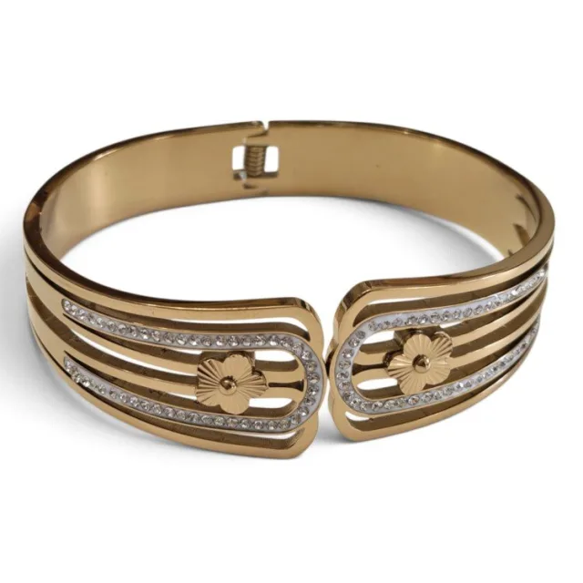 Multi-Bar Slit Floral Hinged Bangle with pave Crystals - Gold Stainless Steel