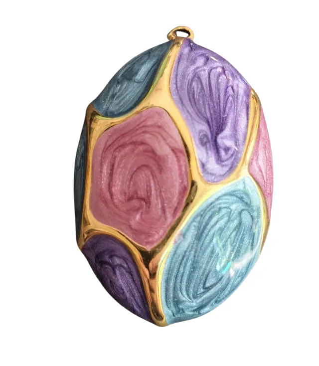 Pendant, stainless steel, oval mosaic enamel in teal, pink and purple, 28mm (Gold)