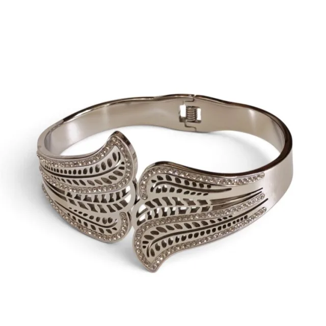 Filigree Feather Wing Crystal Hinged Bangle - Stainless Steel