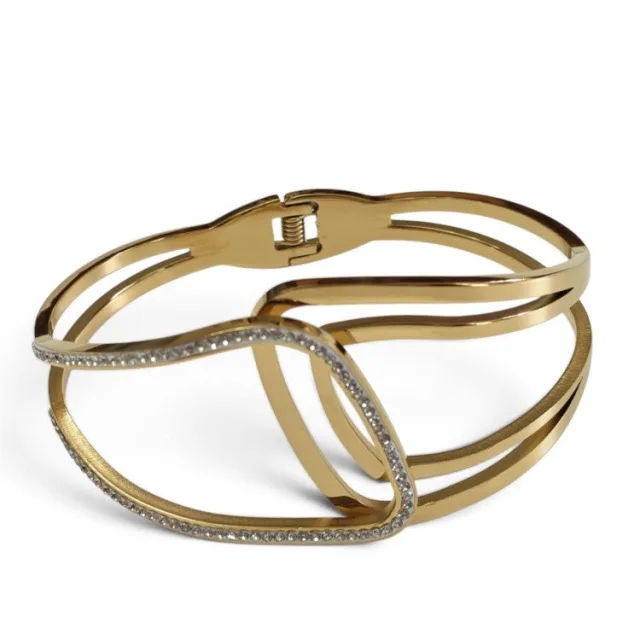 Geometric Crossover Hinged Bangle with pave Crystals - Gold Stainless Steel