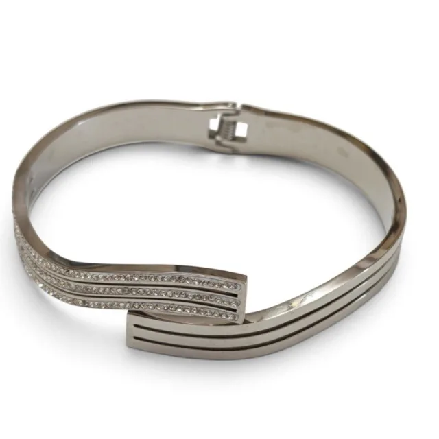 Curved Wave pave Crystal Bypass Hinged Bangle - Stainless Steel
