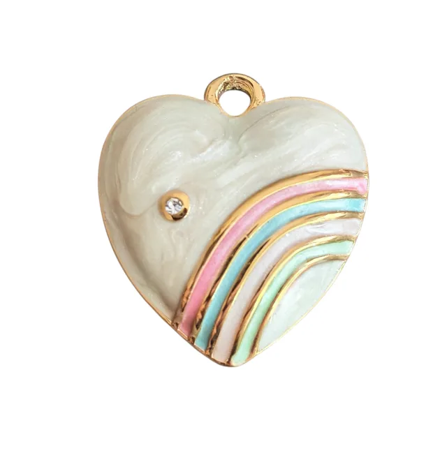 Heart pendant, stainless steel, pearl enamel with pastel rainbow stripes, 20mm (Gold)