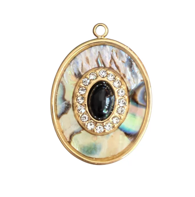 Pendant, stainless steel, oval pearl shell with black stone and crystal halo, 23mm (Gold)
