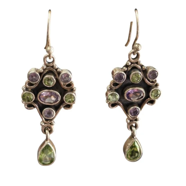 Amethyst and peridot dangle earrings, set in 925 silver