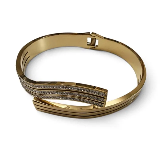 Curved Wave pave Crystal Bypass Hinged Bangle - Gold Stainless Steel