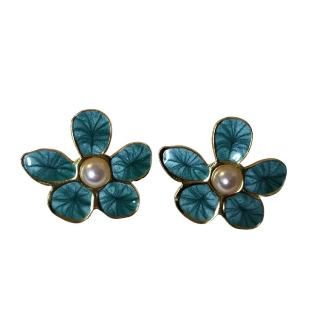 Teal Green Enamel Floral Stud Earrings – Gold-Tone Stainless Steel with Pearl Center (28mm)