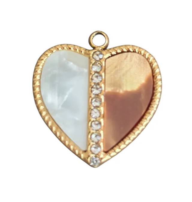 Heart pendant, stainless steel, pearl enamel with crystal centre line, 17mm (Gold)