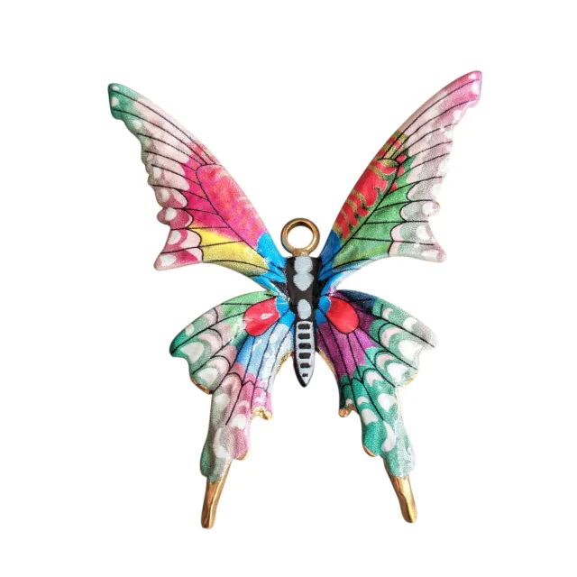 Butterfly pendant, stainless steel, multicolour cloisonné enamel wings, 45mm (Gold)