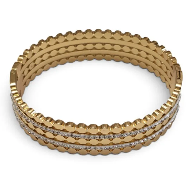 Pave Rhinestone & Scalloped Bead Stacked Hinged Bangle - Gold Tone