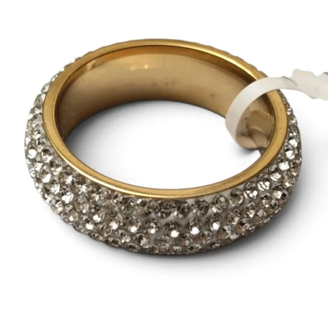 Elegant Stainless Steel Multi-Row Crystal Pave Statement Ring size 6-13, Gold