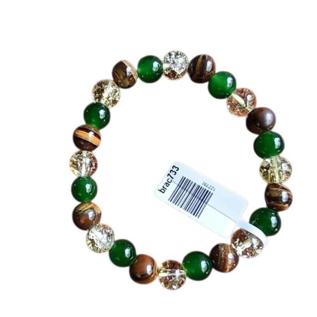 Tiger eye, green agate and yellow cracked glass bead bracelet 8mm