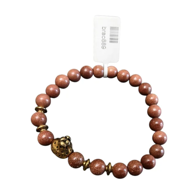 Goldstone bracelet with cheetah head bead and gold color base metal disk bead, 8mm beads
