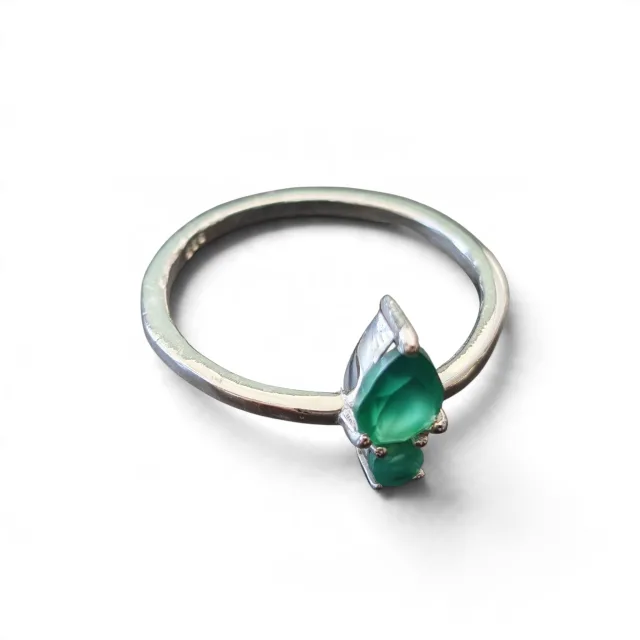 Green chalcedony Pear cut with round cut ring in 925 silver, size 5