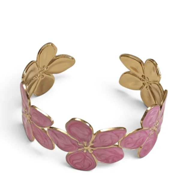 Dusty Rose Enamel Flower Garland Cuff Bangle - Gold Stainless Steel