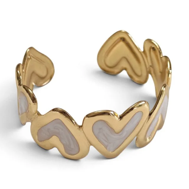 Connected Heart White Marbled Enamel Cuff Bangle - Gold Stainless Steel