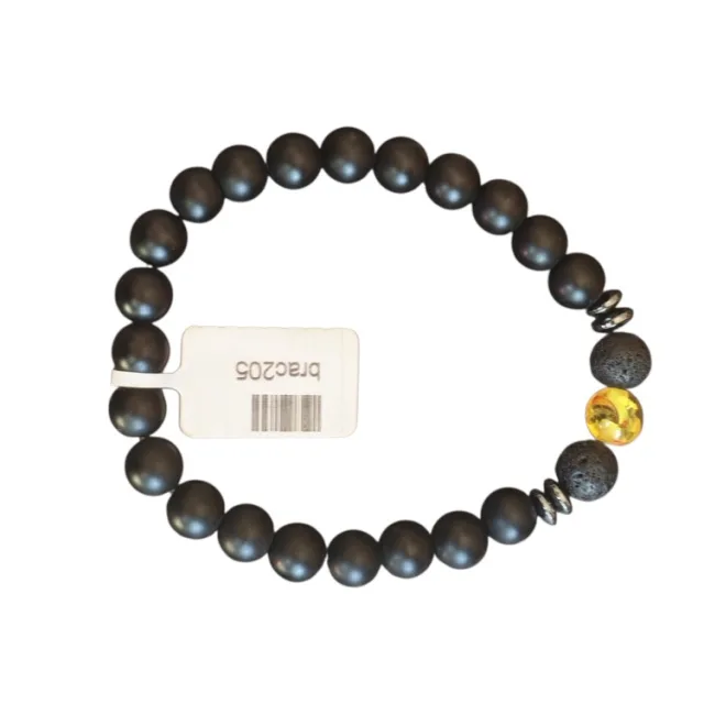 Matte obsidian w lava & imitation amber bead bracelet, stretchcord